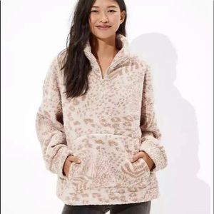 AE Cozy Sherpa 1/4 Zip Pullover, Tan Animal Print